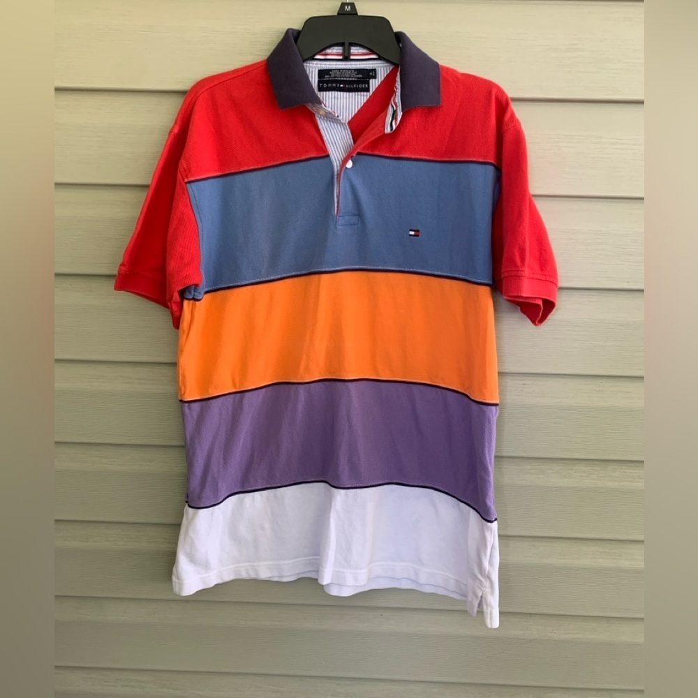 TOMMY HILFIGER Y2K color block polo shirt cotton preppy golf resort streetwear M
